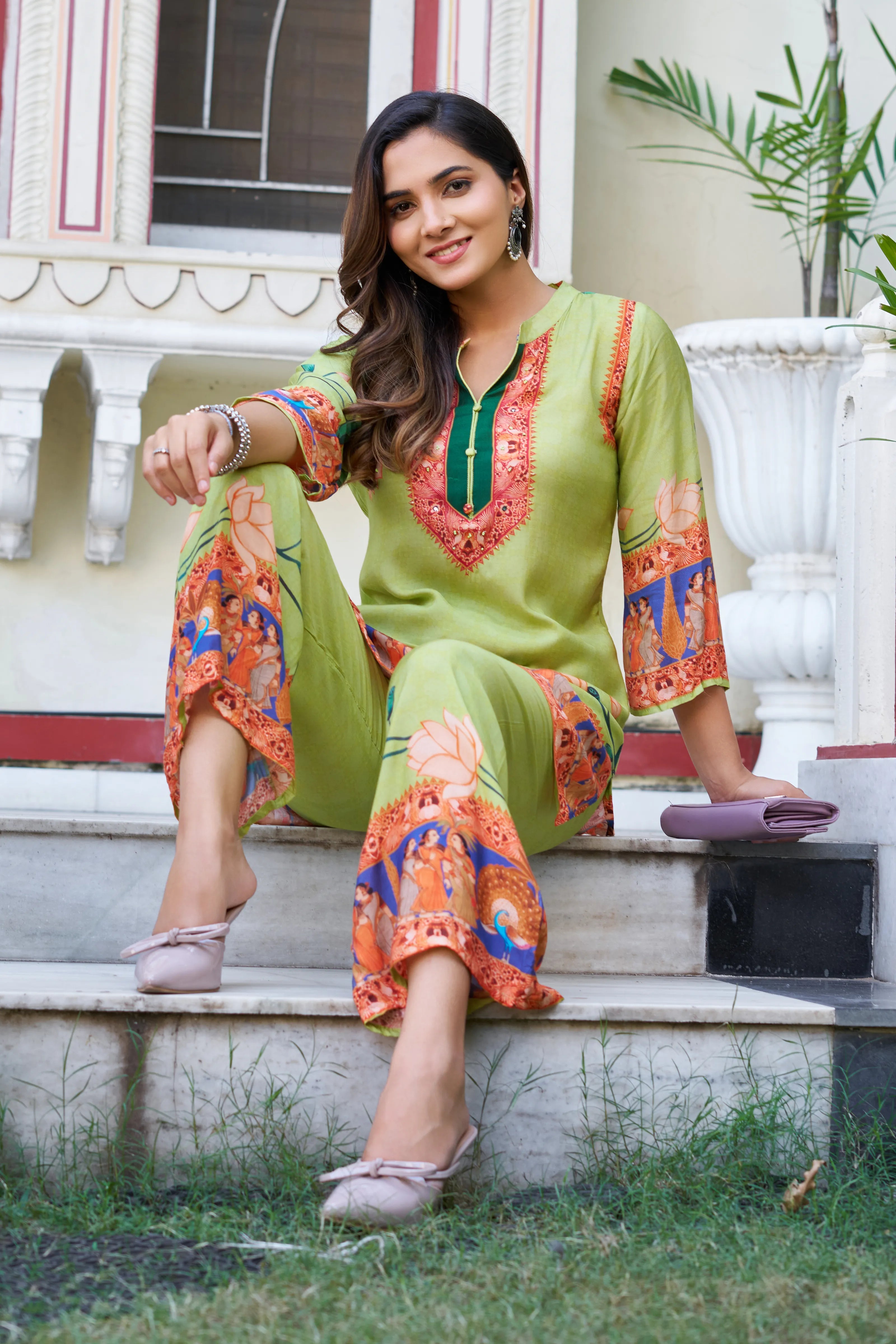 Light Green Traditional Motif Coord Set in Viscose Muslin