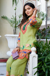 Light Green Traditional Motif Coord Set in Viscose Muslin