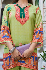 Light Green Traditional Motif Coord Set in Viscose Muslin