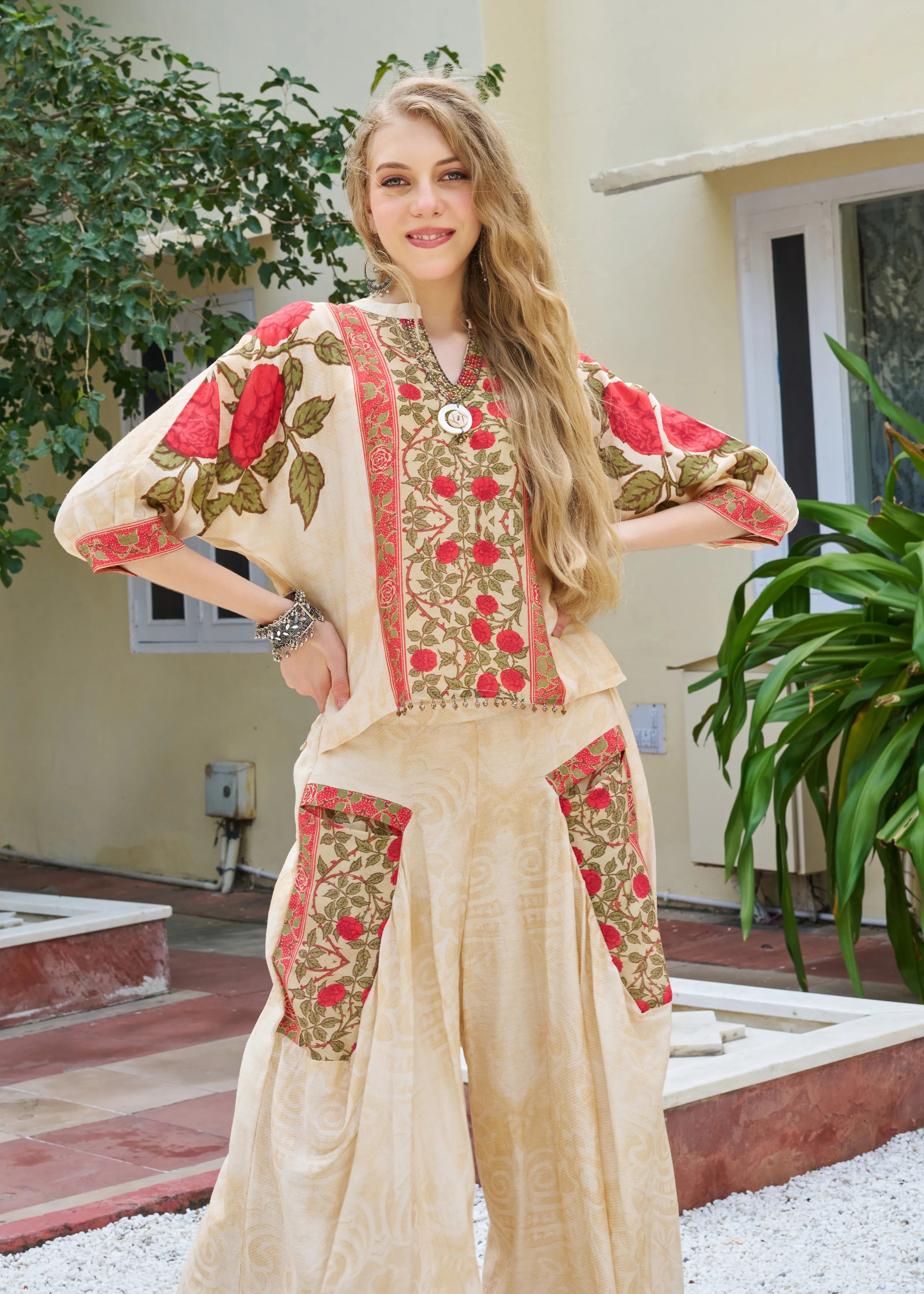 Beige Base Embellished Floral Co-ord Set in Viscose Slub