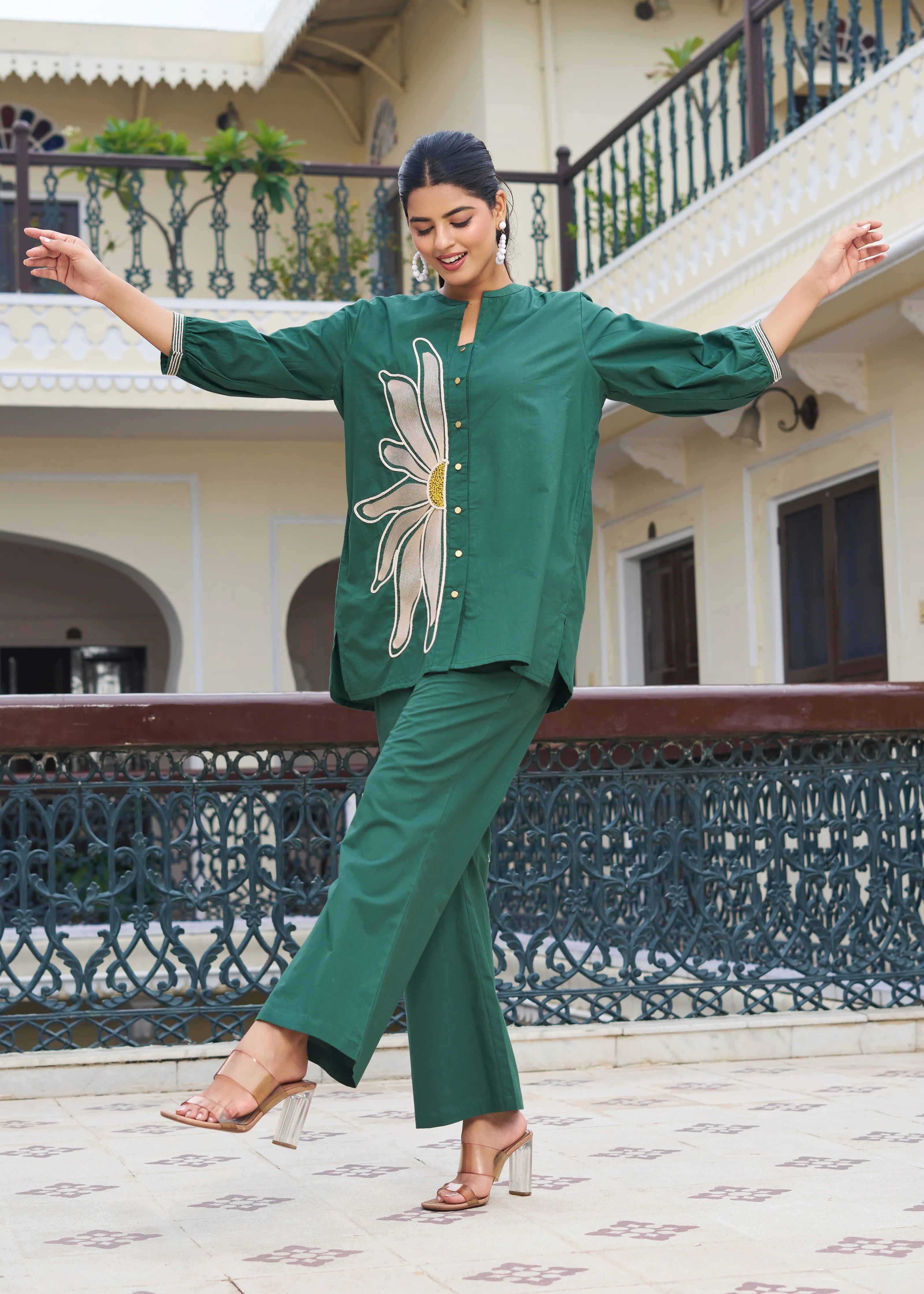 Leafy Green Embroidered Cotton Flex Co-ord Set