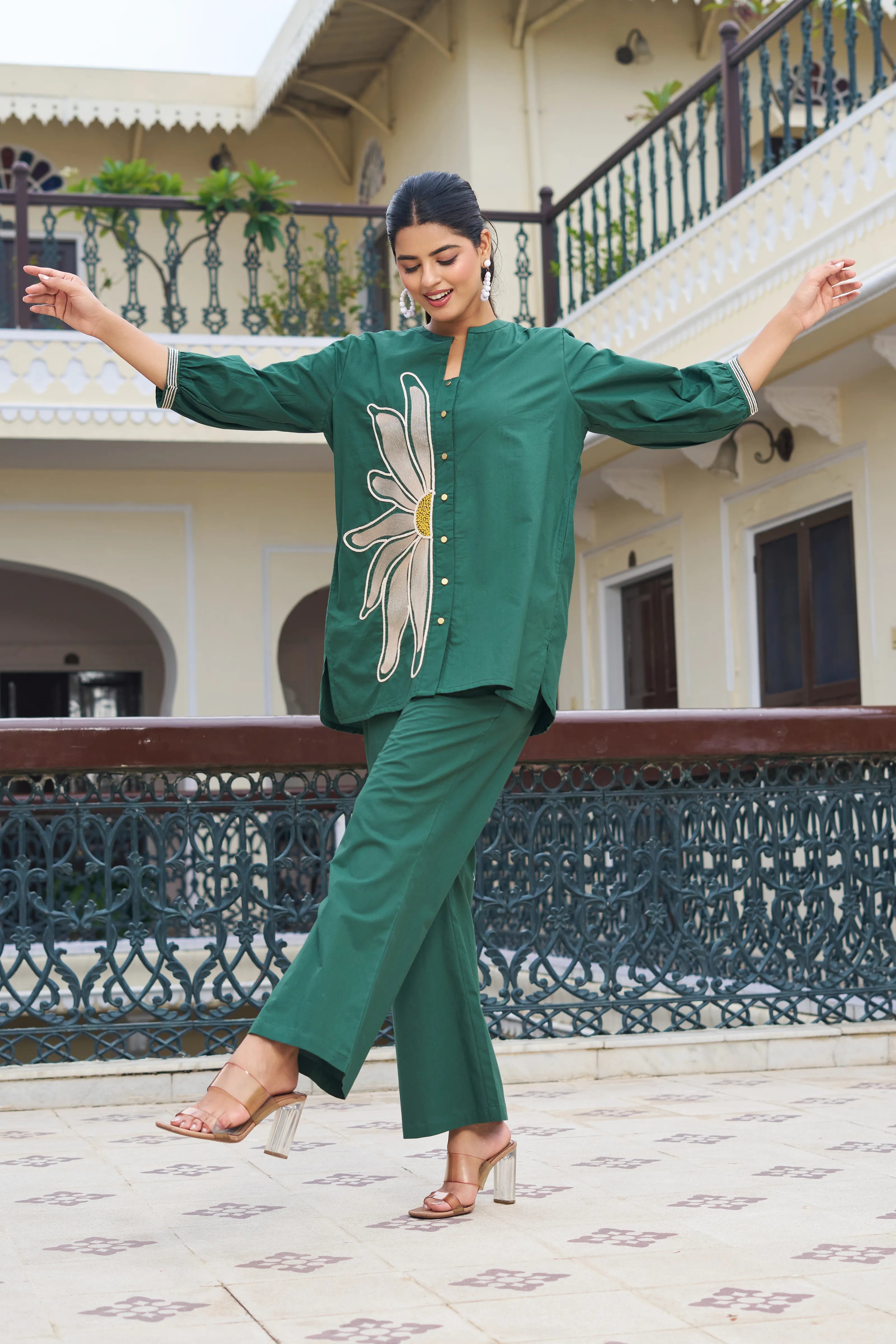 Leafy Green Embroidered Cotton Flex Co-ord Set