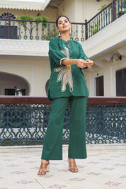 Leafy Green Embroidered Cotton Flex Co-ord Set