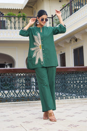 Leafy Green Embroidered Cotton Flex Co-ord Set