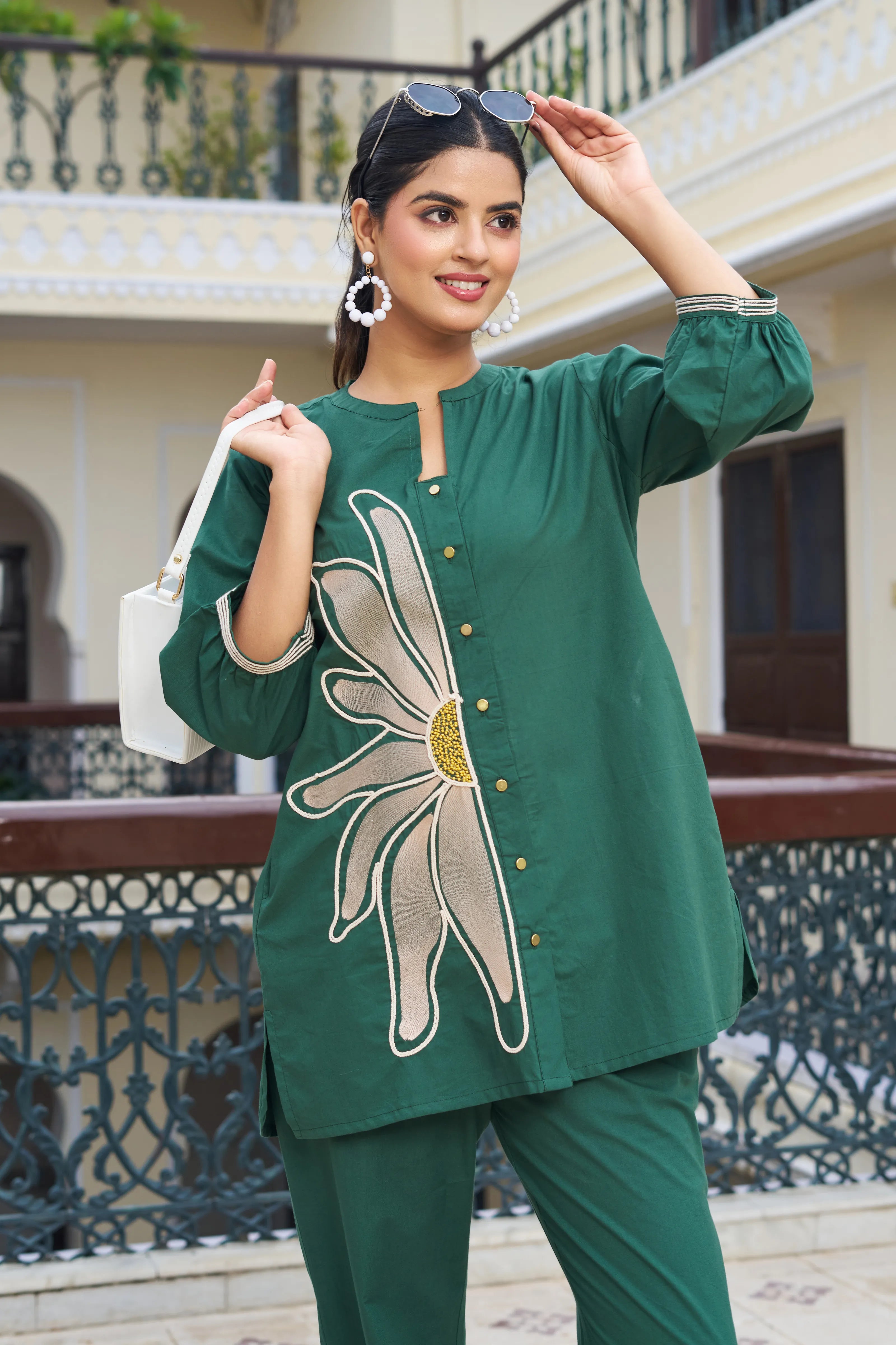 Leafy Green Embroidered Cotton Flex Co-ord Set