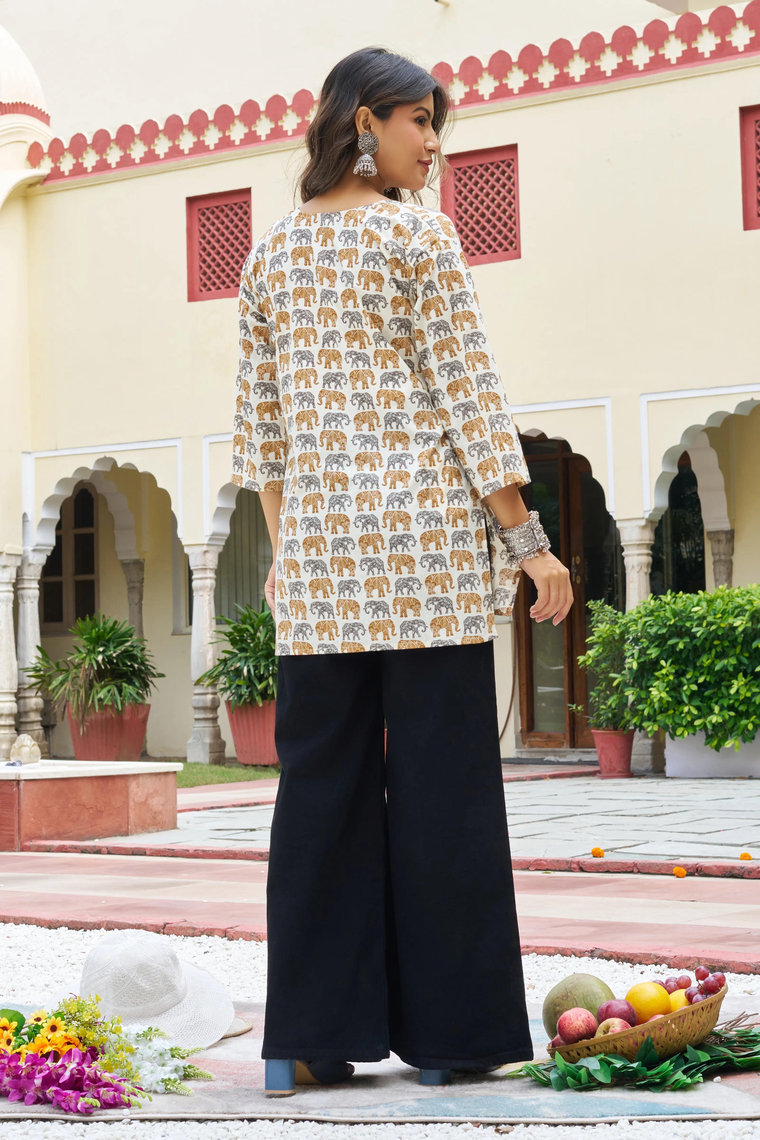 Yellow Elephant Block Print Cotton Cambric Kurta