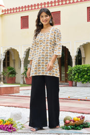 Yellow Elephant Block Print Cotton Cambric Kurta