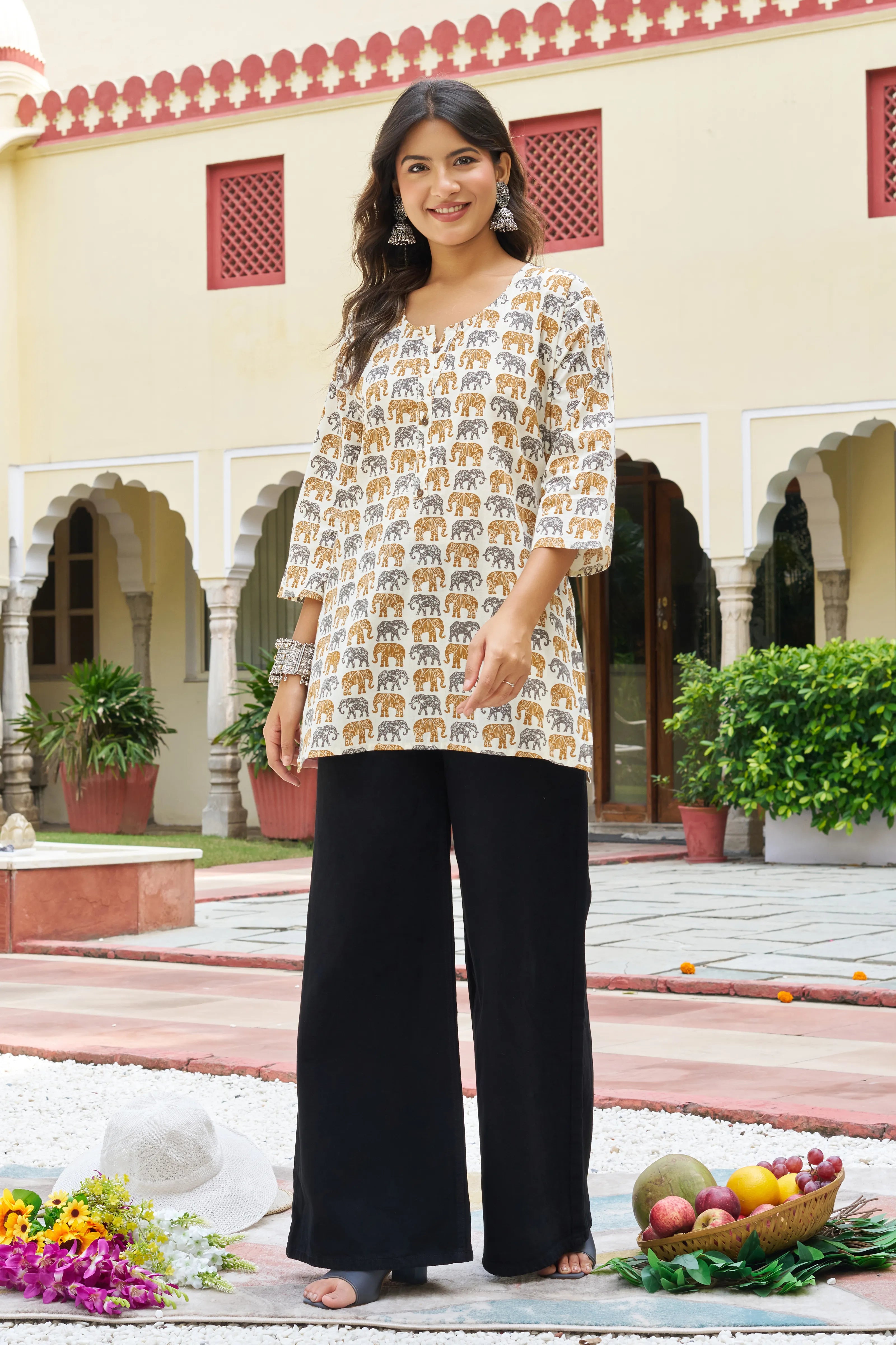 Yellow Elephant Block Print Cotton Cambric Kurta