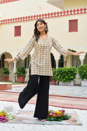 Yellow Elephant Block Print Cotton Cambric Kurta