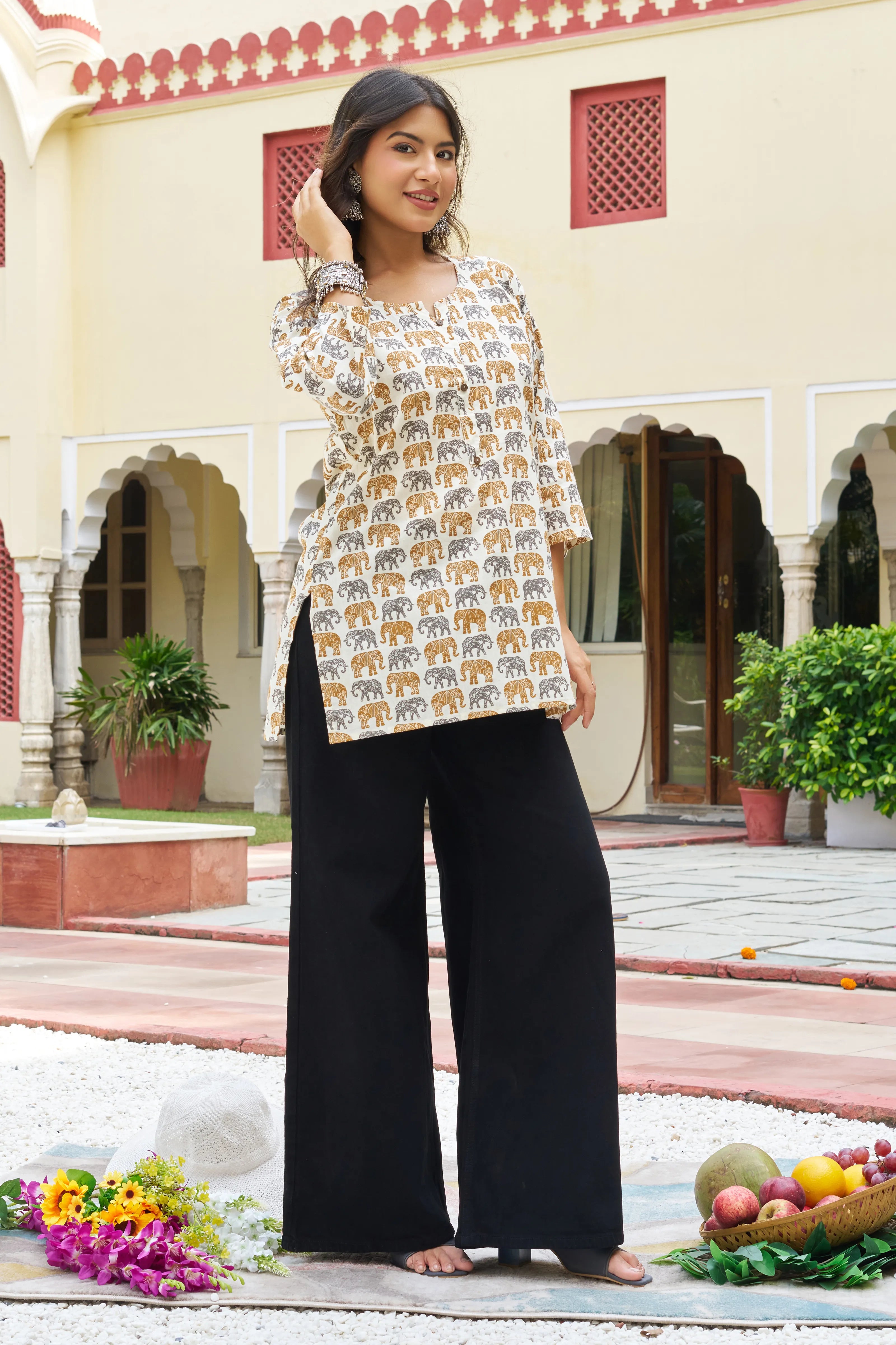 Yellow Elephant Block Print Cotton Cambric Kurta