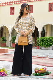 Yellow Elephant Block Print Cotton Cambric Kurta