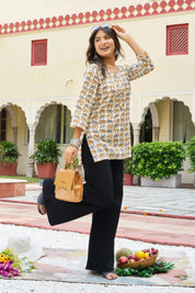 Yellow Elephant Block Print Cotton Cambric Kurta