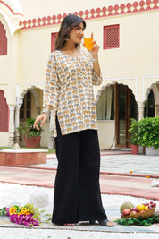 Yellow Elephant Block Print Cotton Cambric Kurta