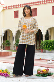 Yellow Elephant Block Print Cotton Cambric Kurta