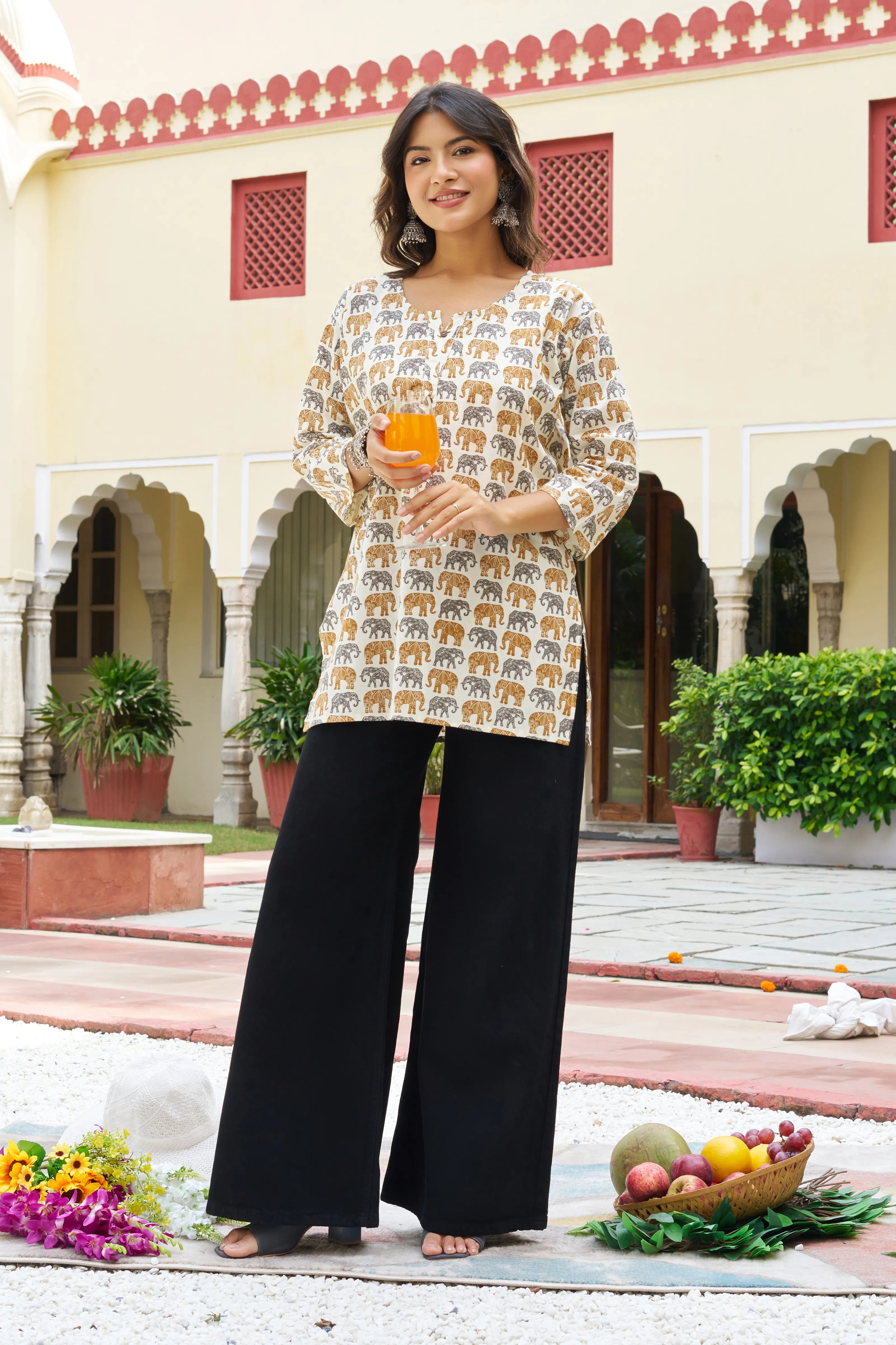 Yellow Elephant Block Print Cotton Cambric Kurta
