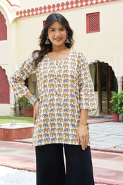 Yellow Elephant Block Print Cotton Cambric Kurta