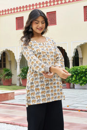 Yellow Elephant Block Print Cotton Cambric Kurta