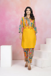 Yellow Muslin Co-Ord Set with Lurex Thread Work & Copper Coin Tassel Details