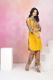 Yellow Muslin Co-Ord Set with Lurex Thread Work & Copper Coin Tassel Details
