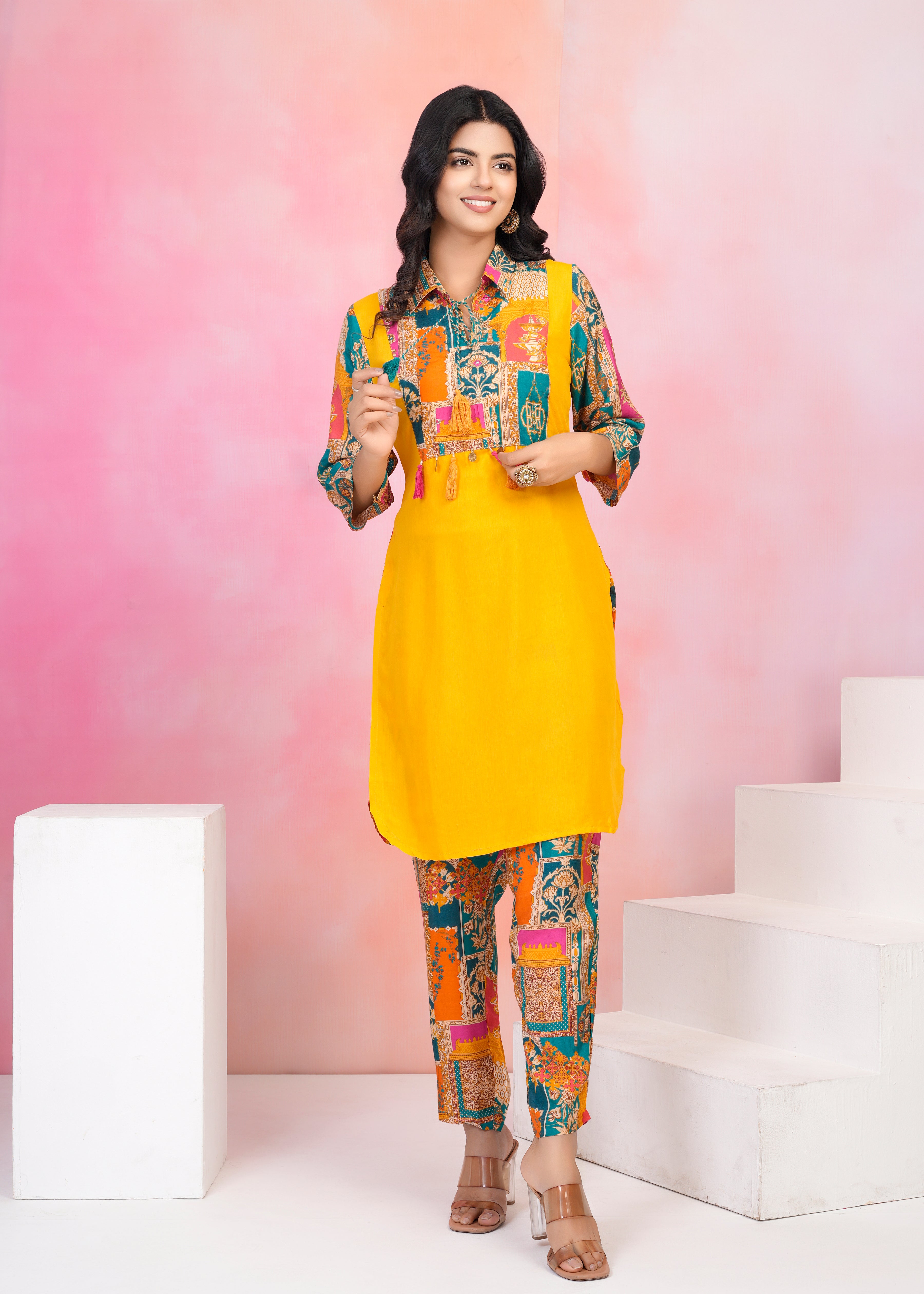 Yellow Muslin Co-Ord Set with Lurex Thread Work & Copper Coin Tassel Details