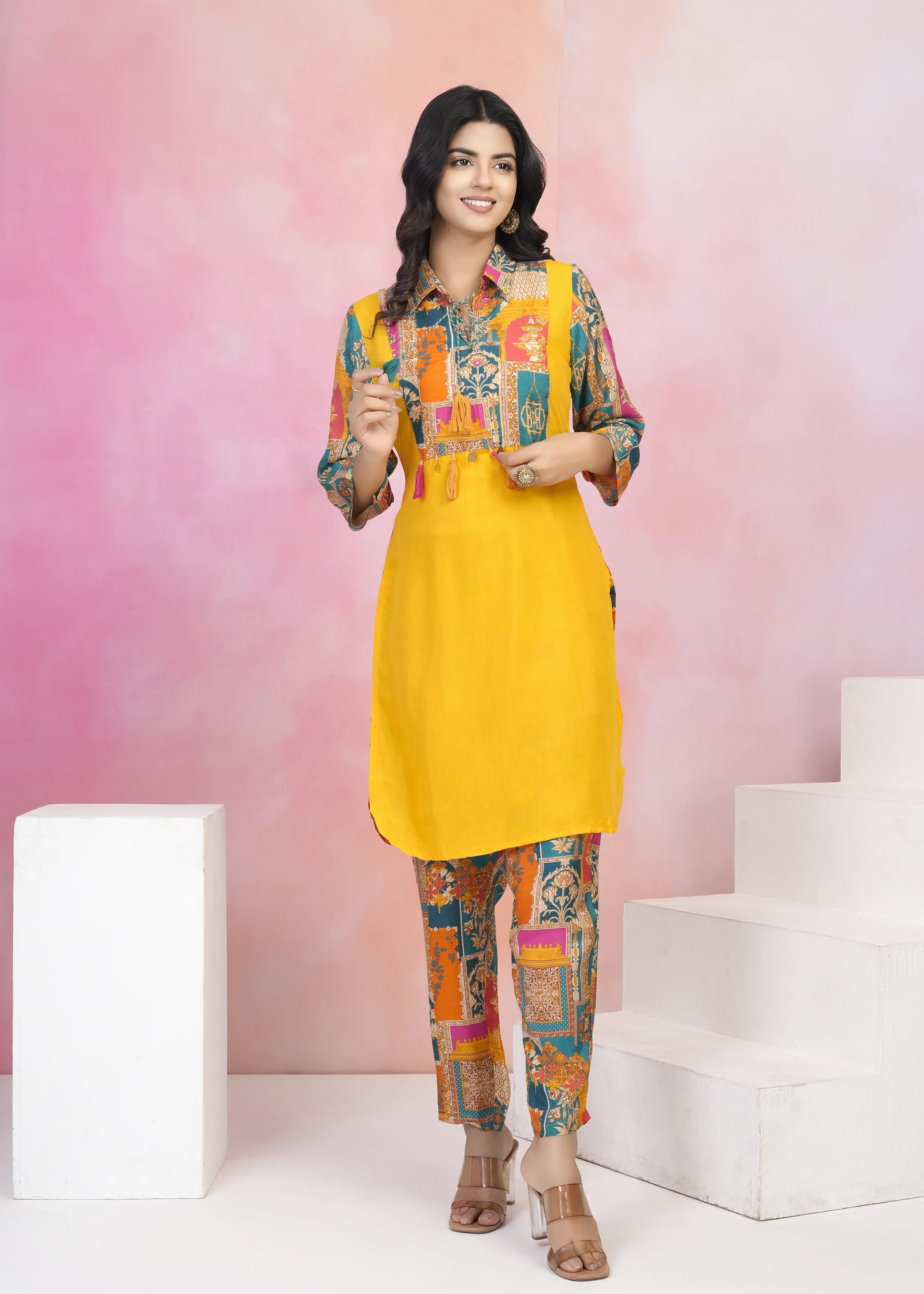 Yellow Muslin Co-Ord Set with Lurex Thread Work & Copper Coin Tassel Details