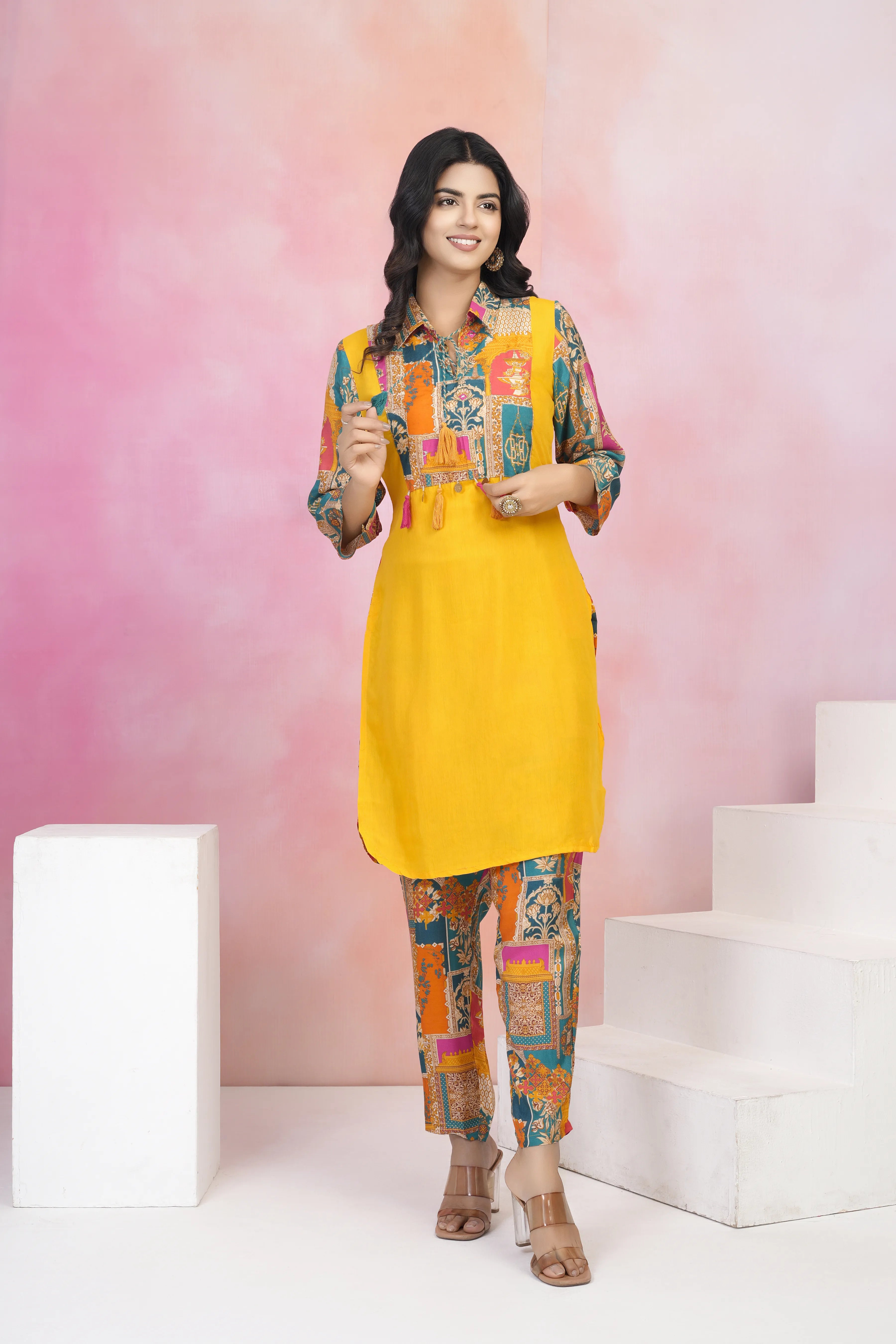 Yellow Muslin Co-Ord Set with Lurex Thread Work & Copper Coin Tassel Details
