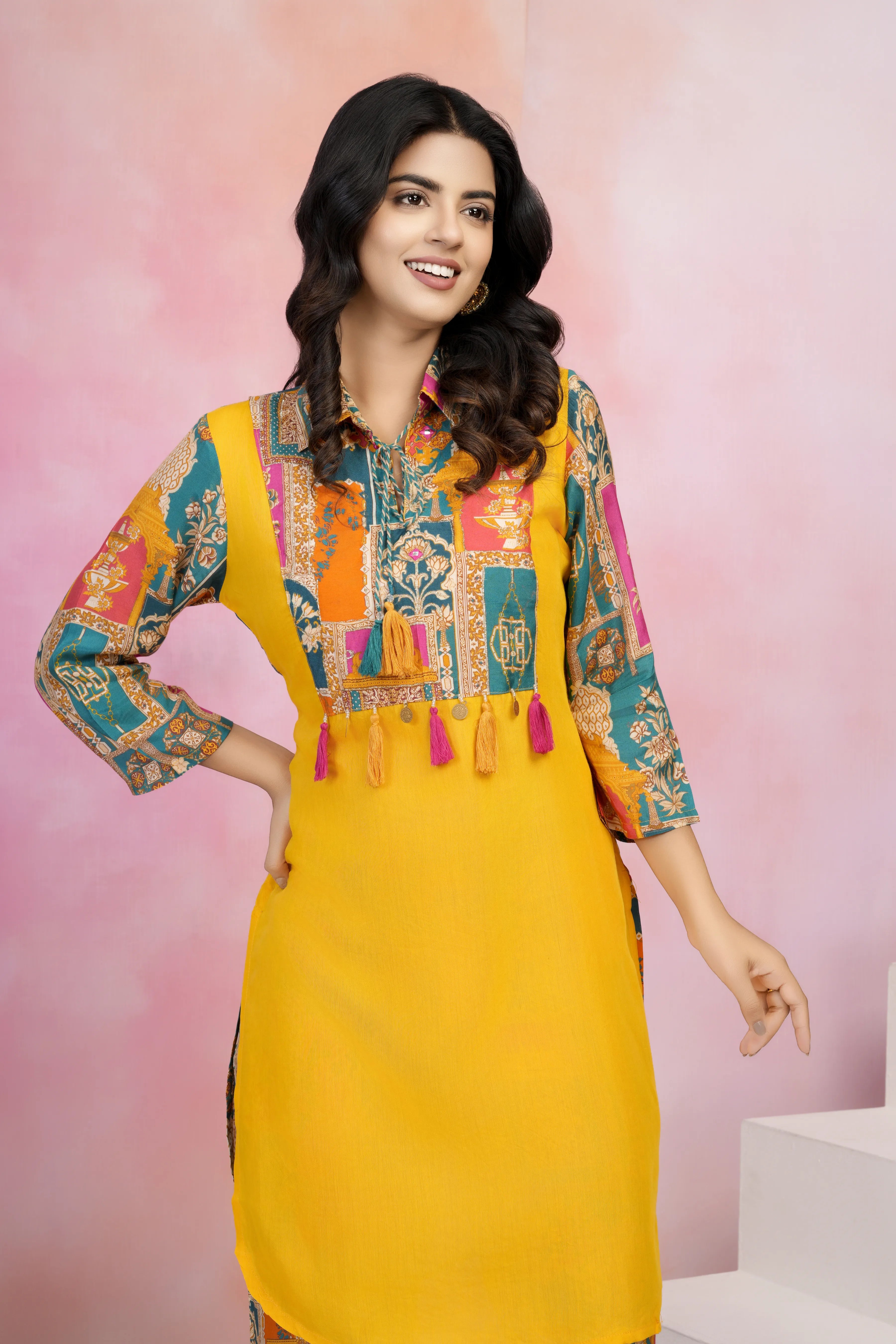 Yellow Muslin Co-Ord Set with Lurex Thread Work & Copper Coin Tassel Details