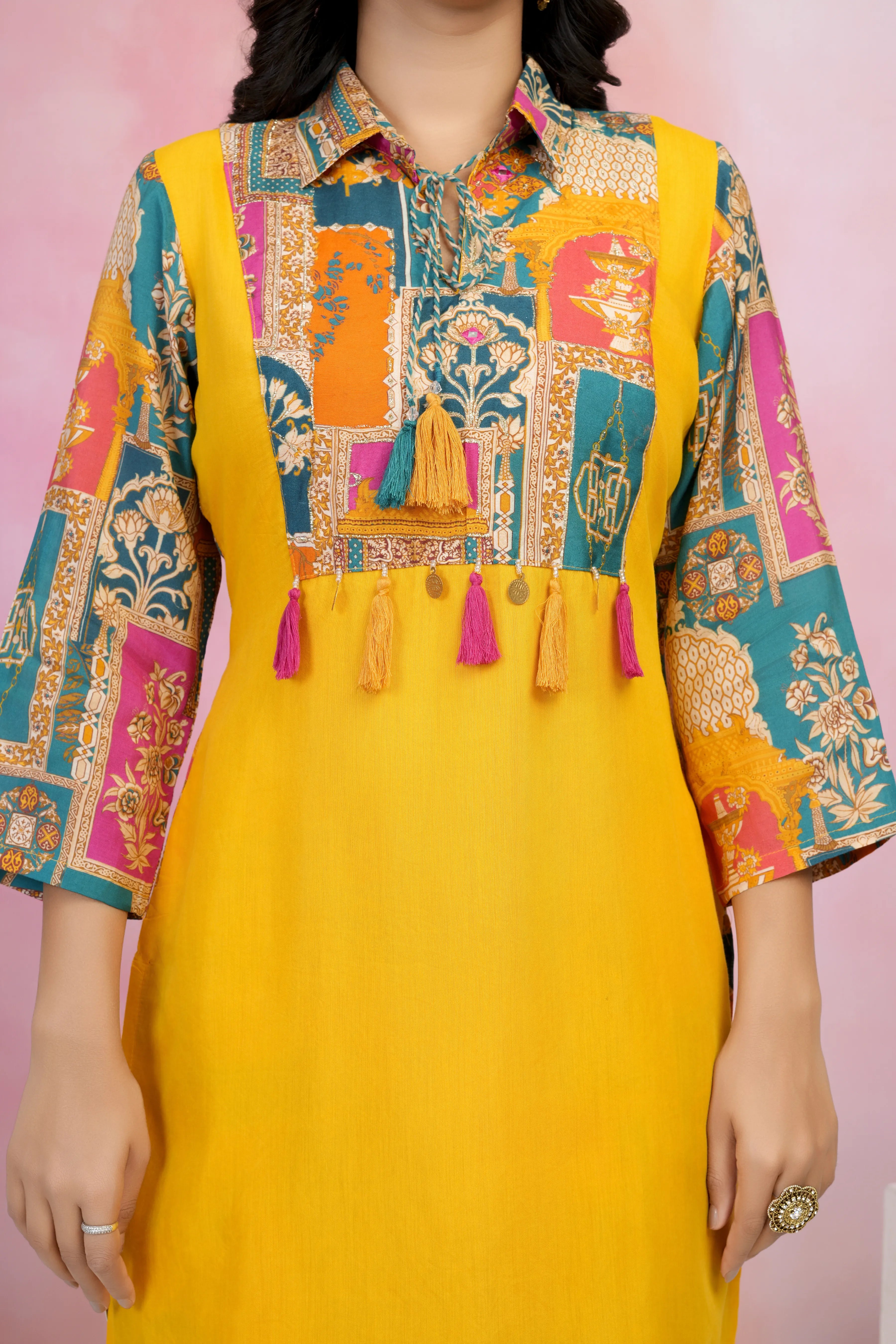 Yellow Muslin Co-Ord Set with Lurex Thread Work & Copper Coin Tassel Details