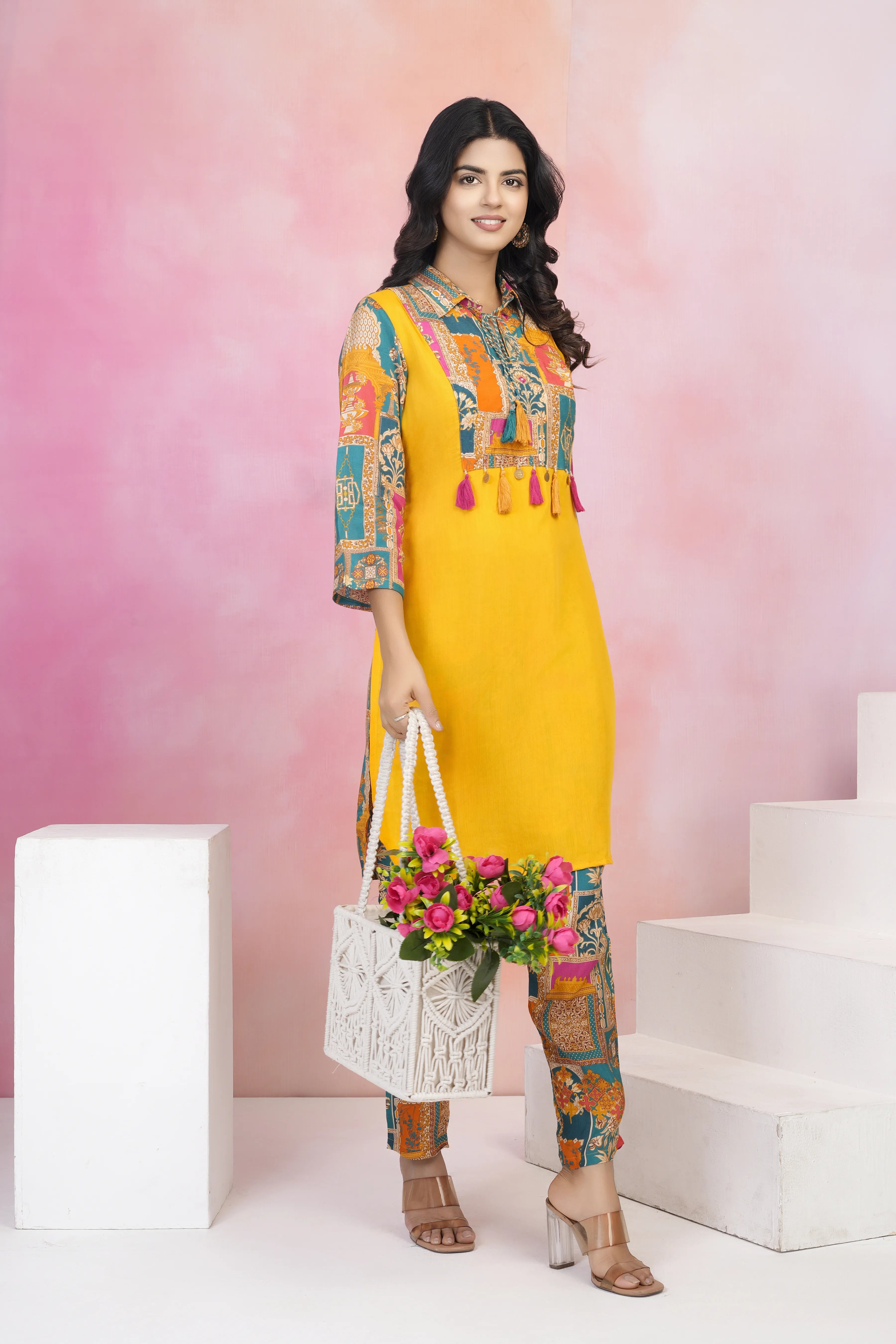 Yellow Muslin Co-Ord Set with Lurex Thread Work & Copper Coin Tassel Details