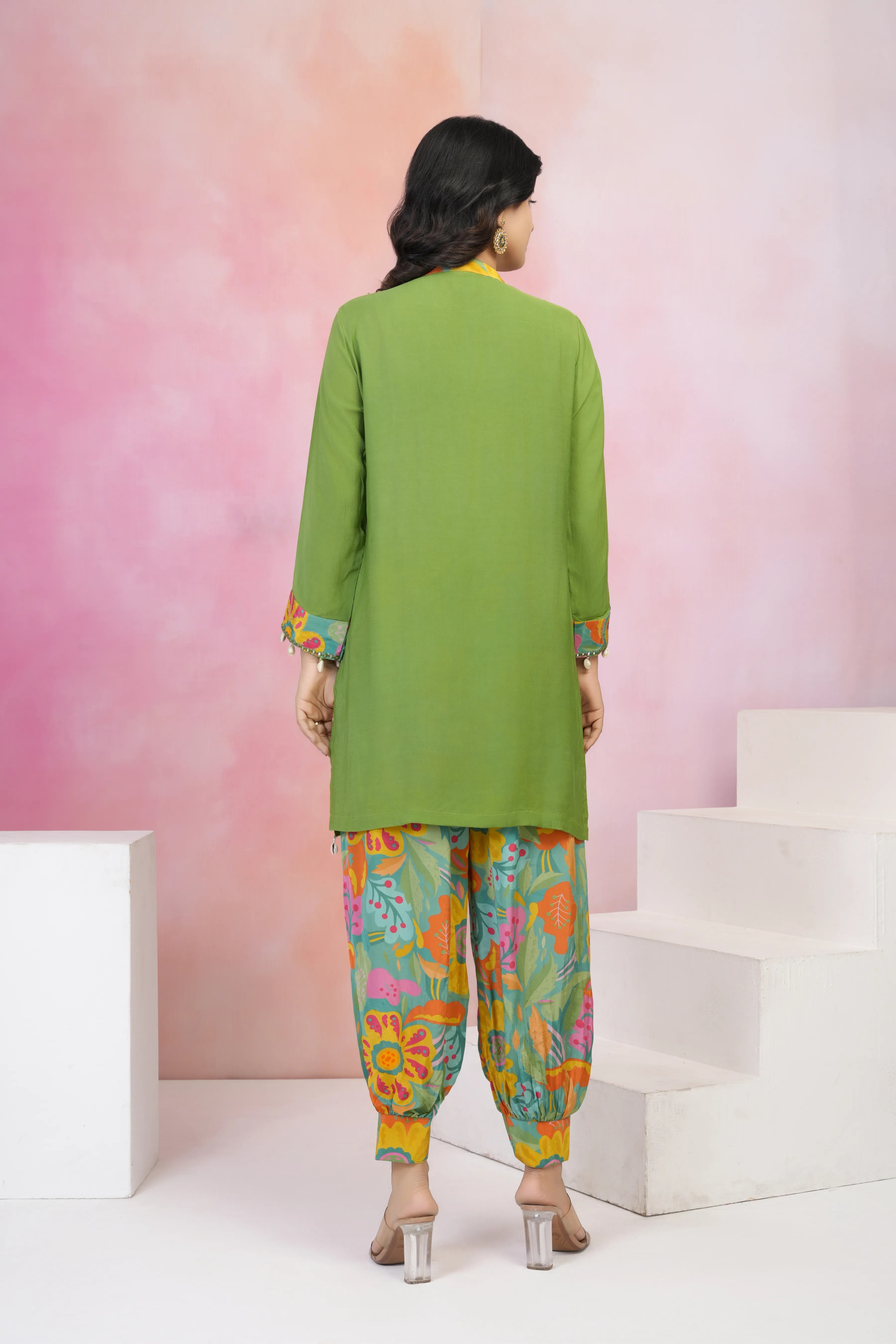 Parrot Green Muslin Co-Ord Set with Mirror Work & Tassel Details