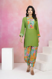 Parrot Green Muslin Co-Ord Set with Mirror Work & Tassel Details