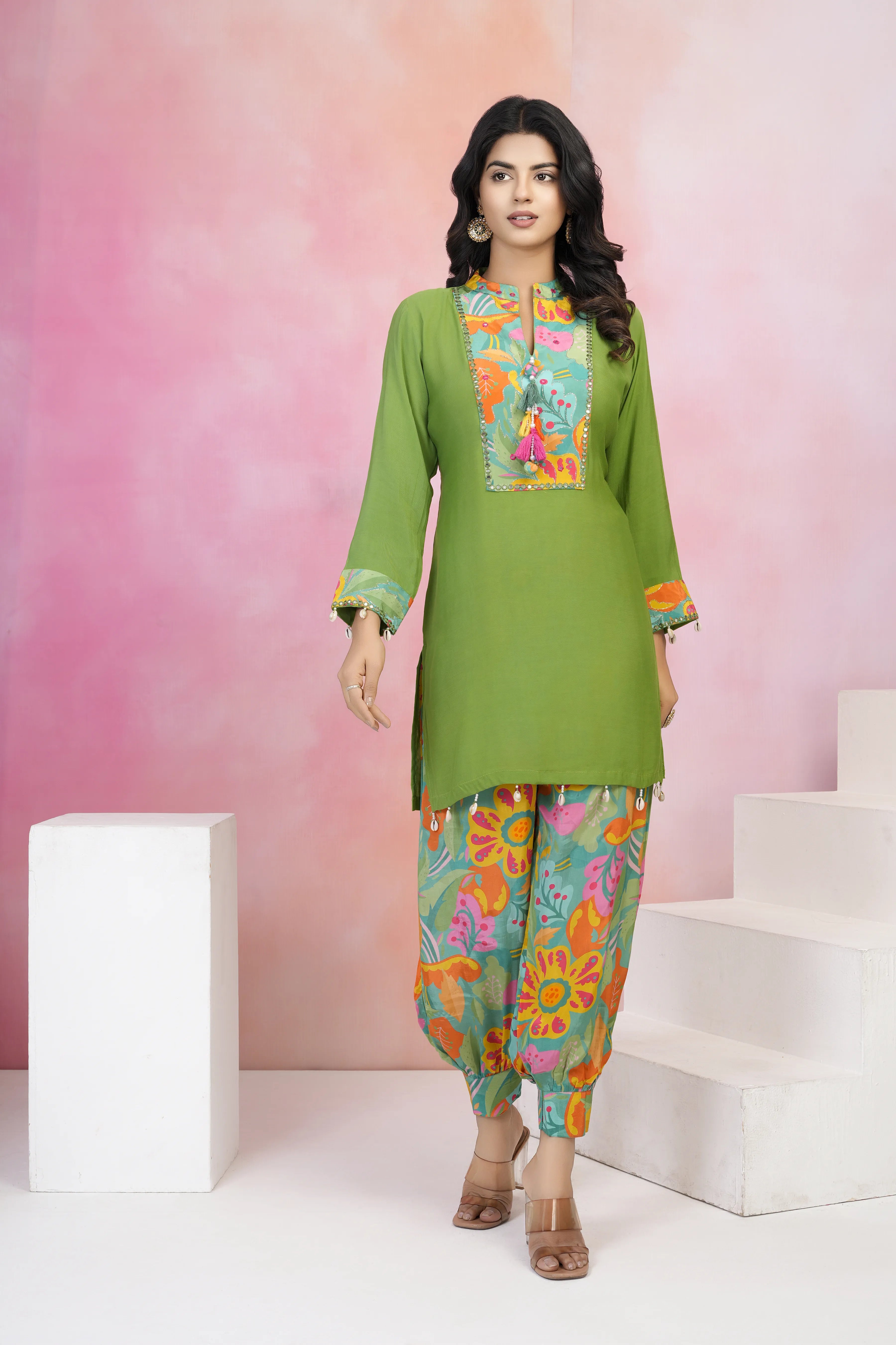 Parrot Green Muslin Co-Ord Set with Mirror Work & Tassel Details