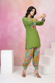 Parrot Green Muslin Co-Ord Set with Mirror Work & Tassel Details