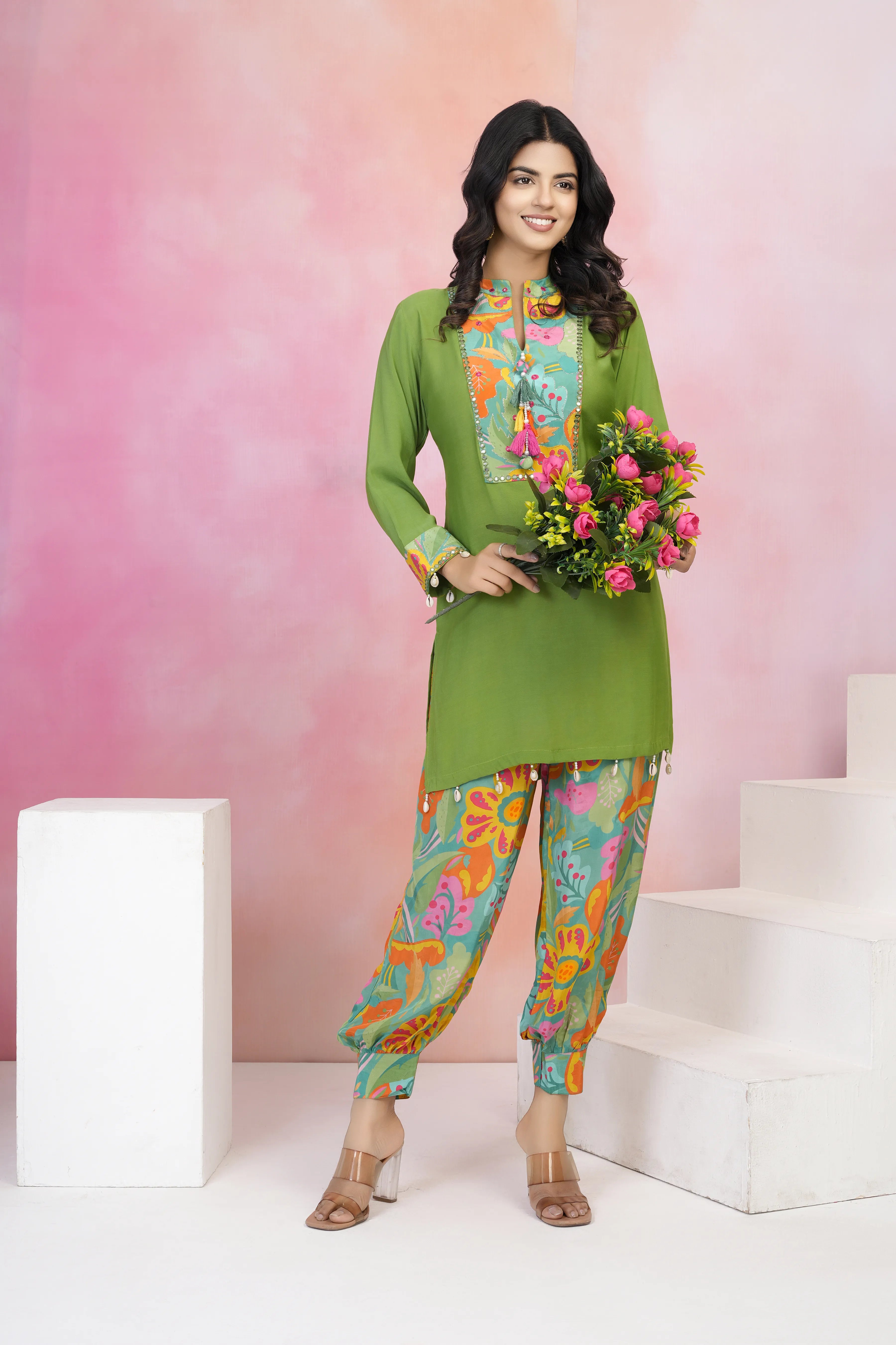 Parrot Green Muslin Co-Ord Set with Mirror Work & Tassel Details
