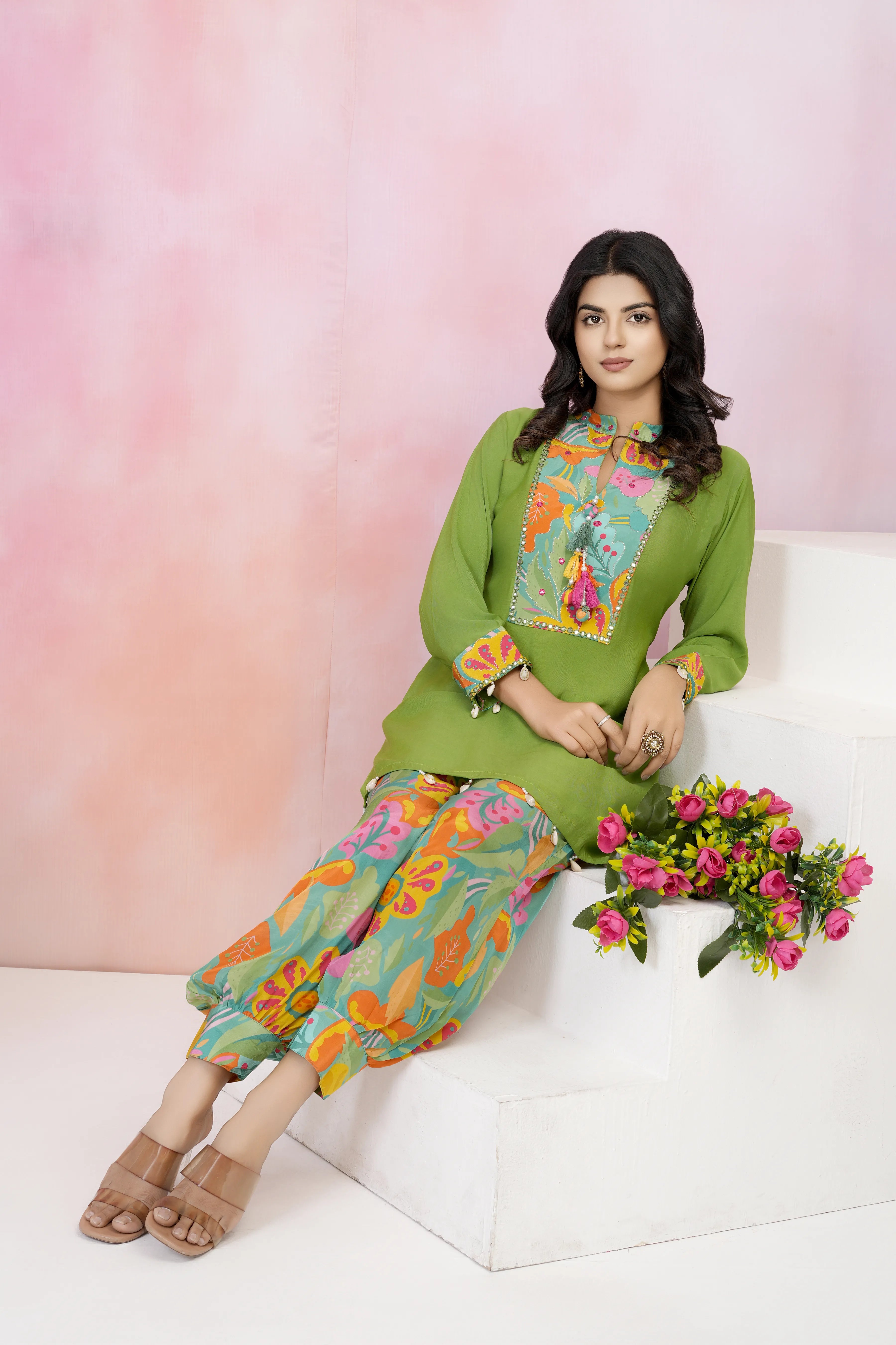 Parrot Green Muslin Co-Ord Set with Mirror Work & Tassel Details