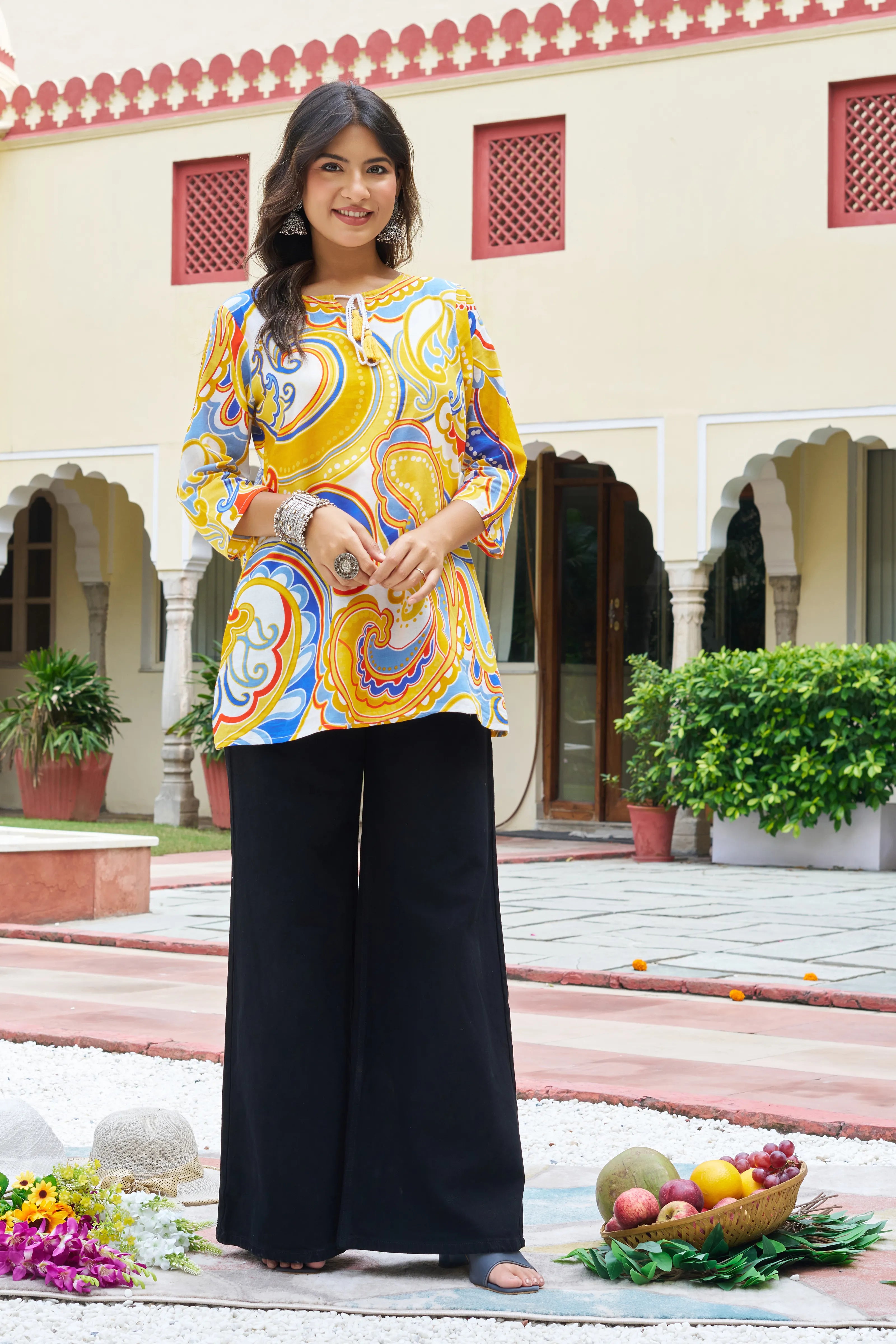 Yellow Base Paisley & Geometric Cotton Short Kurti