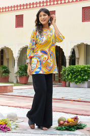 Yellow Base Paisley & Geometric Cotton Short Kurti