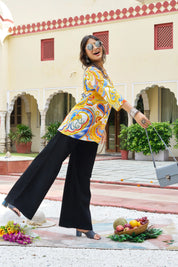 Yellow Base Paisley & Geometric Cotton Short Kurti