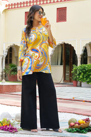 Yellow Base Paisley & Geometric Cotton Short Kurti