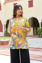 Yellow Base Paisley & Geometric Cotton Short Kurti