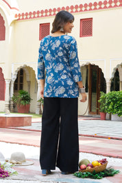 Navy Base Abstract Floral Print Cotton Short Kurti