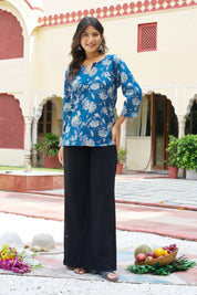 Navy Base Abstract Floral Print Cotton Short Kurti