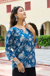 Navy Base Abstract Floral Print Cotton Short Kurti