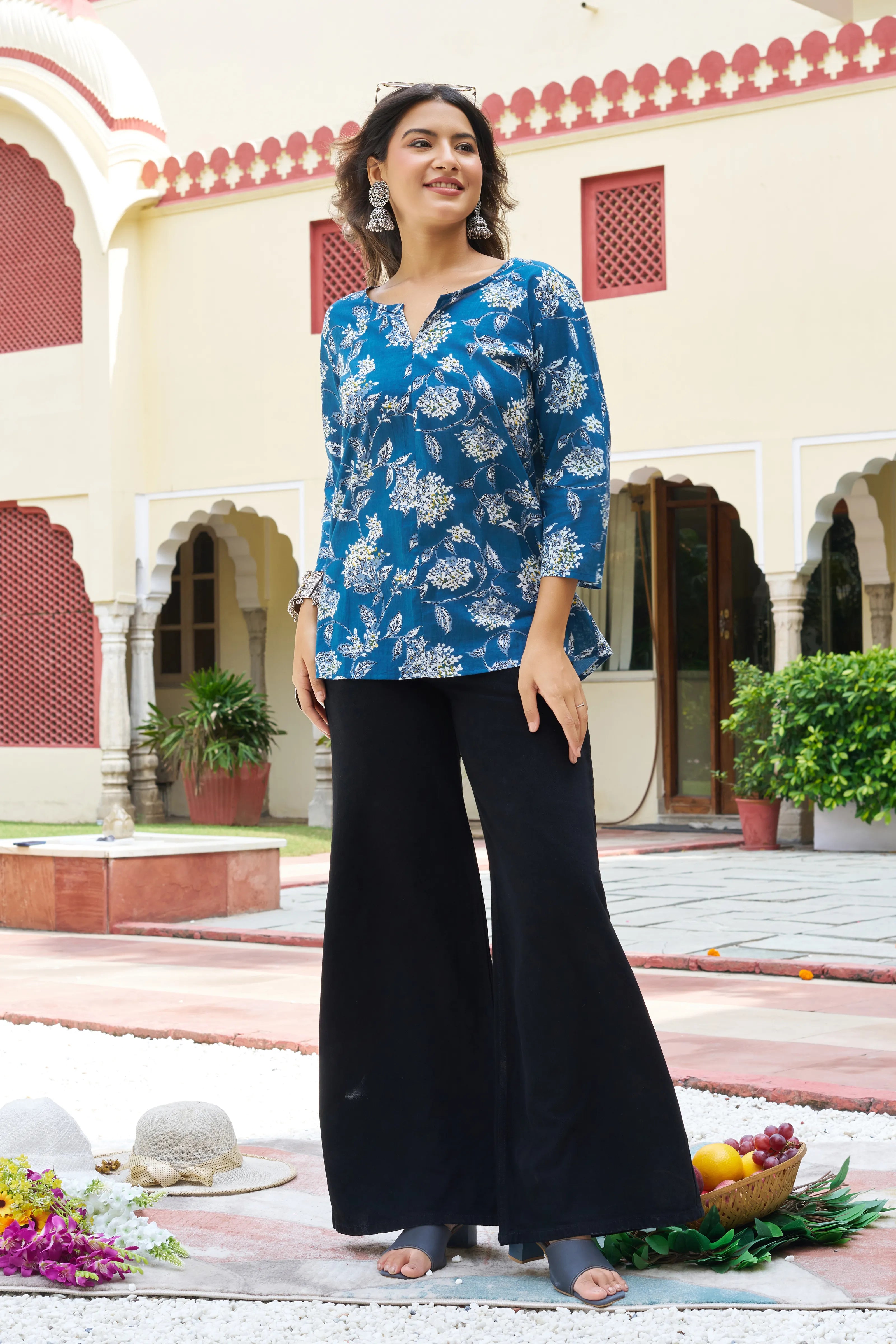 Navy Base Abstract Floral Print Cotton Short Kurti