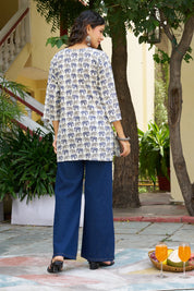 Blue Elephant Motif Cotton Cambric Kurta