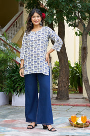 Blue Elephant Motif Cotton Cambric Kurta