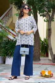 Blue Elephant Motif Cotton Cambric Kurta