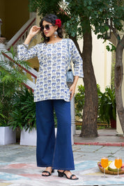 Blue Elephant Motif Cotton Cambric Kurta