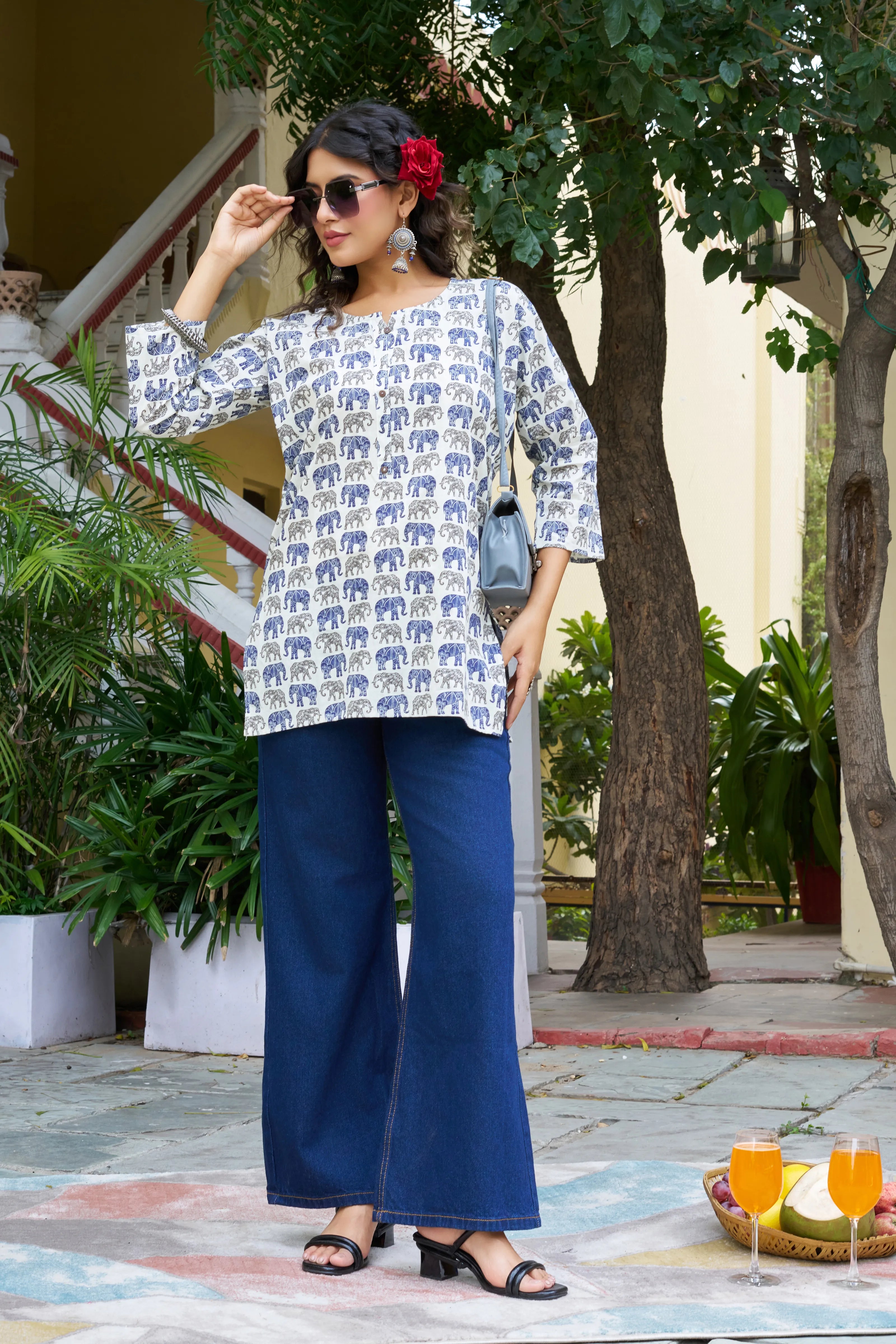 Blue Elephant Motif Cotton Cambric Kurta