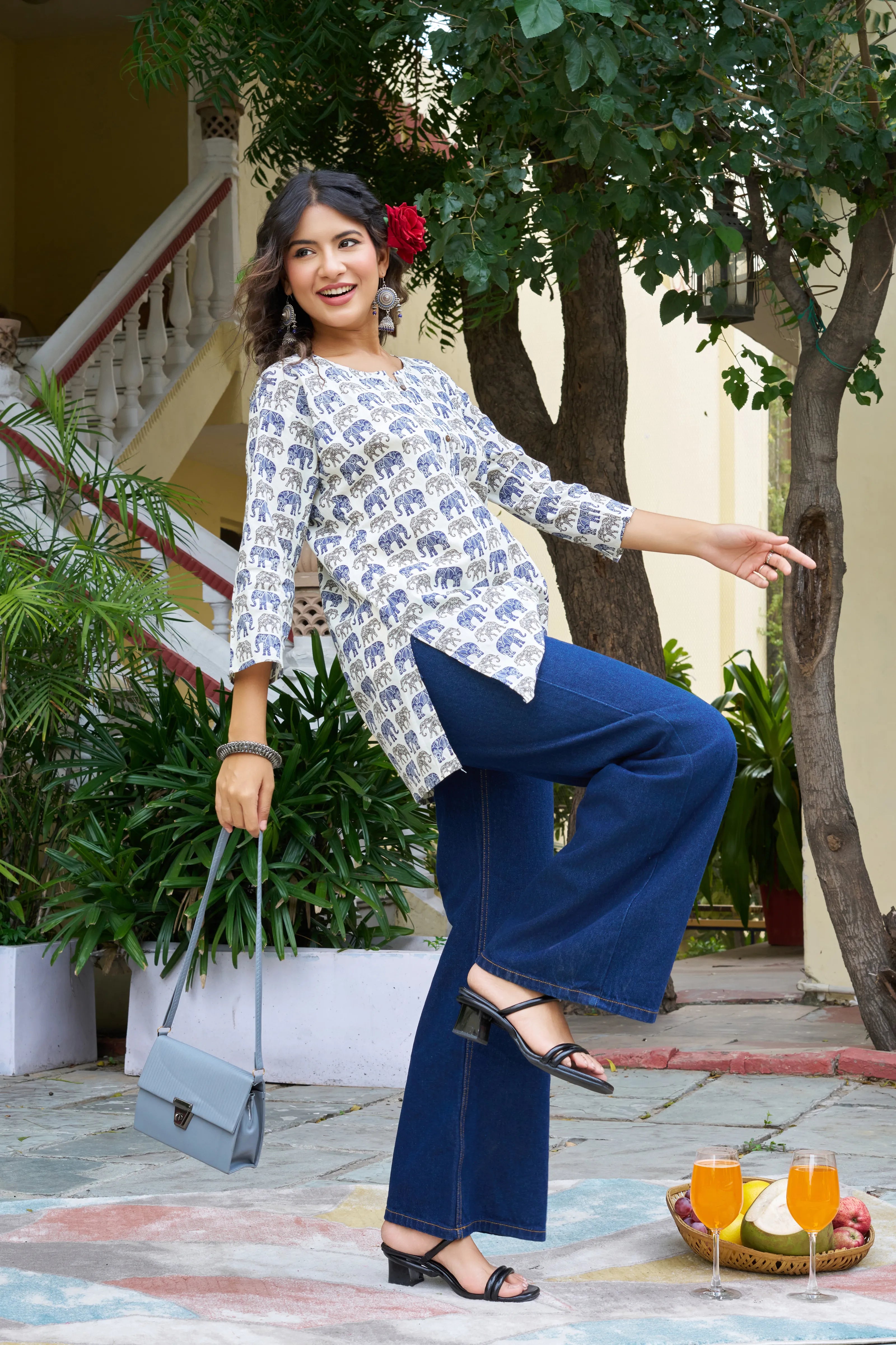 Blue Elephant Motif Cotton Cambric Kurta